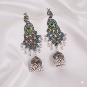 Royal Peacock Oxidized Silver Long Jhumka Earrings with Mor Pankh Detailing