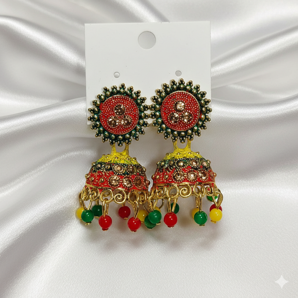 Traditional Multicolor Meenakari Jhumka Earrings with Beaded Danglers