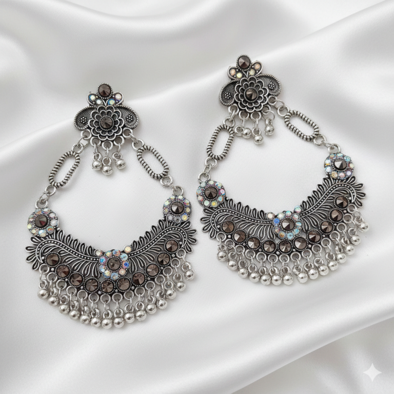 Oxidized Silver Floral Hoop Earrings with Traditional Ghungroo Drops