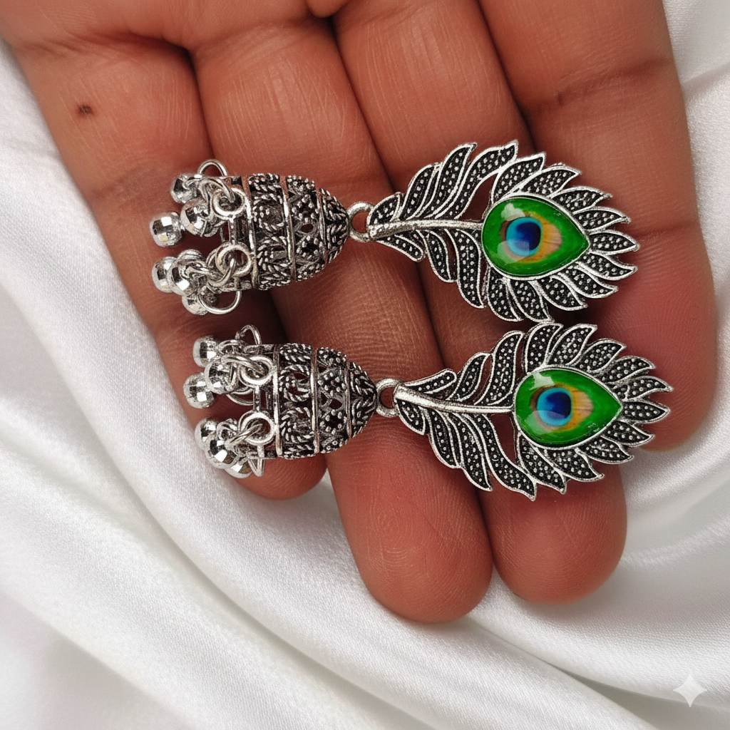 Mor Pankh Oxidized Silver Jhumka Earrings with Peacock Feather Motif