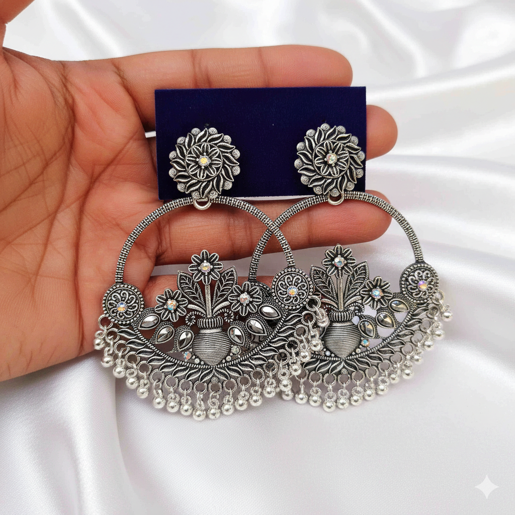 Oxidized Silver Floral Hoop Earrings with Traditional Ghungroo Drops