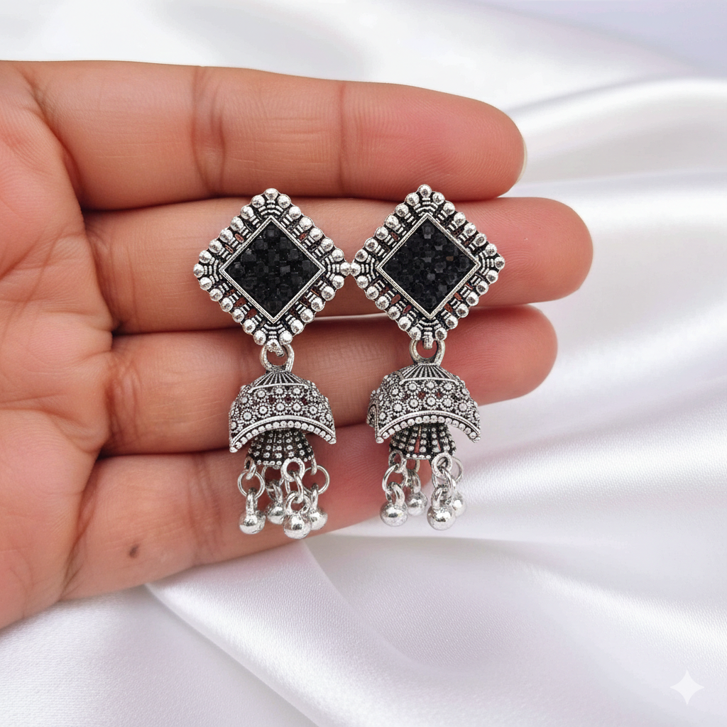 Oxidized Silver Black Stone Square Jhumka Earrings with Hanging Ghungroo Drops