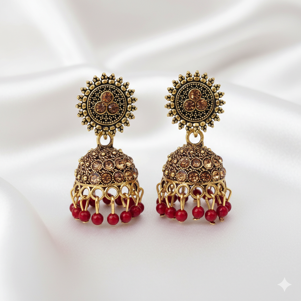 Gold Finish Traditional Jhumka Earrings with Red Bead Danglers