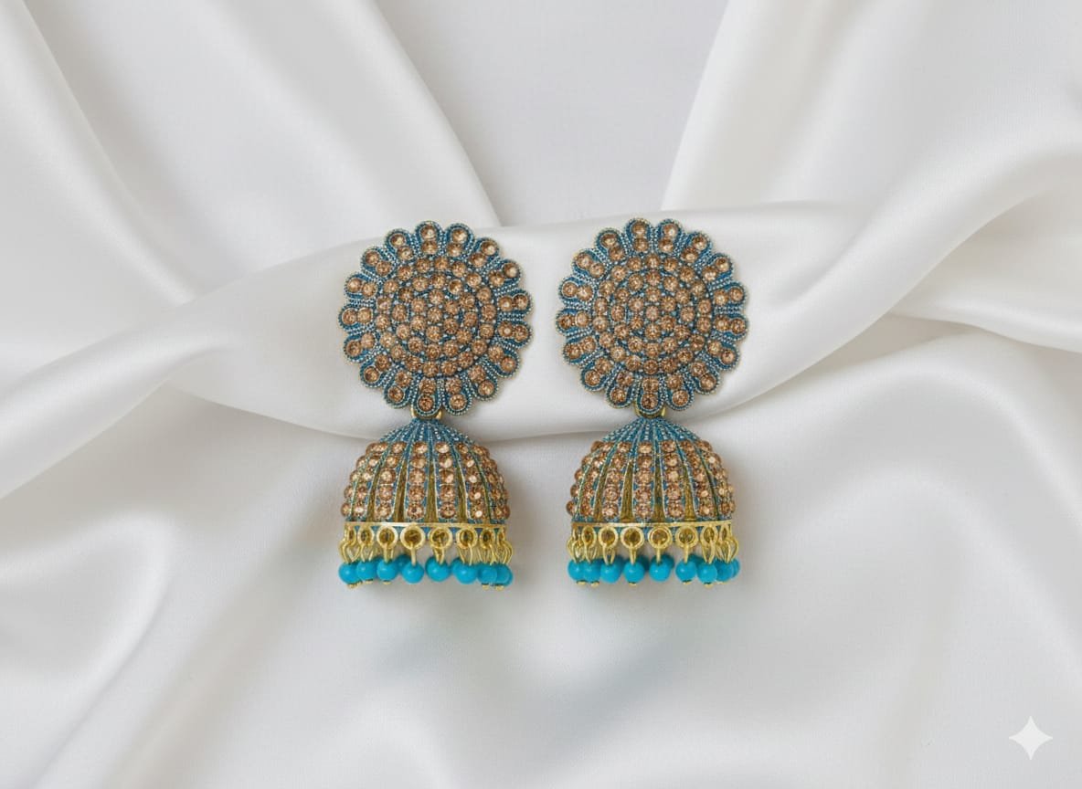 Royal Turquoise Kundan Jhumka Earrings with Blue Bead Drops