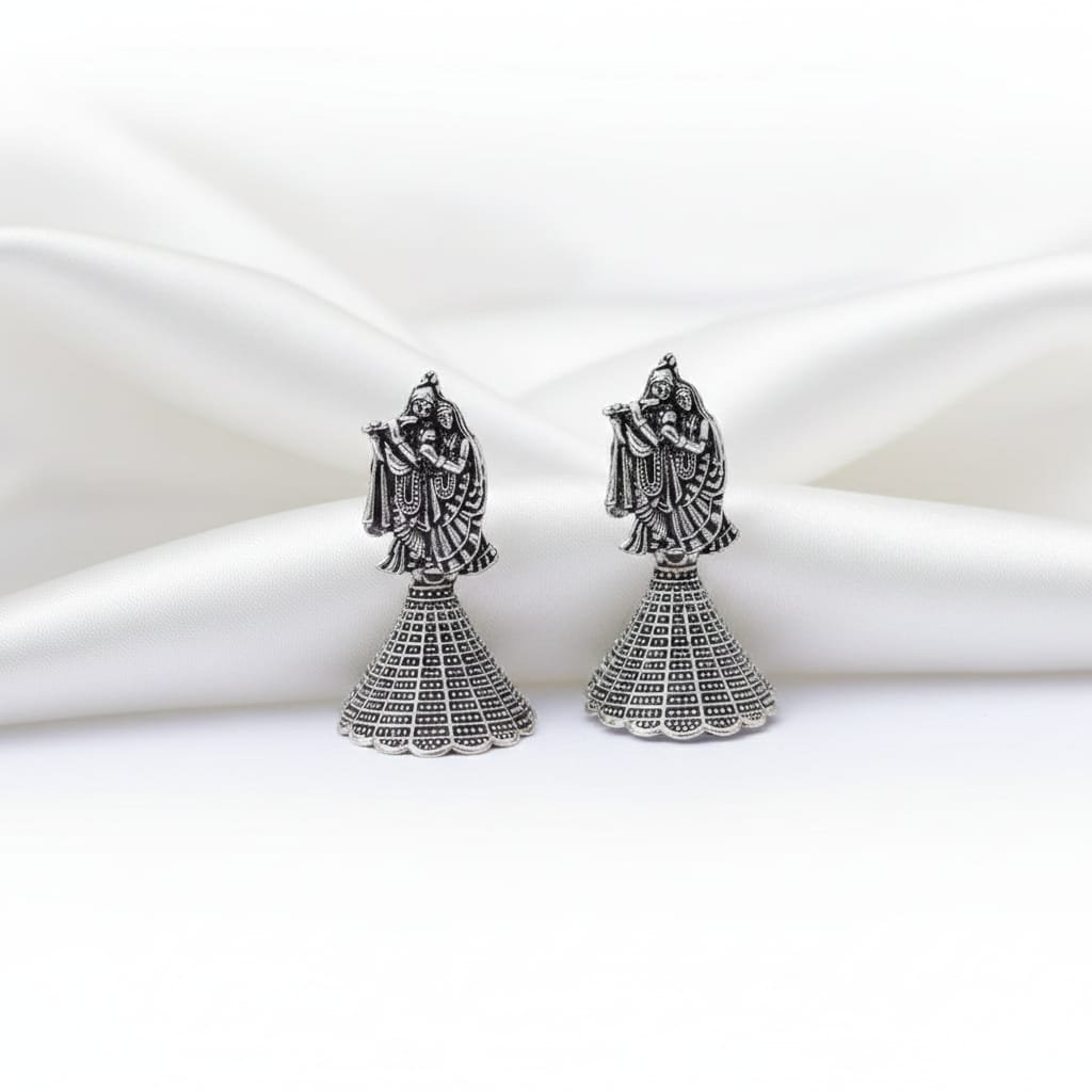 Divine Radha Krishna Oxidised Silver Jhumka Earrings