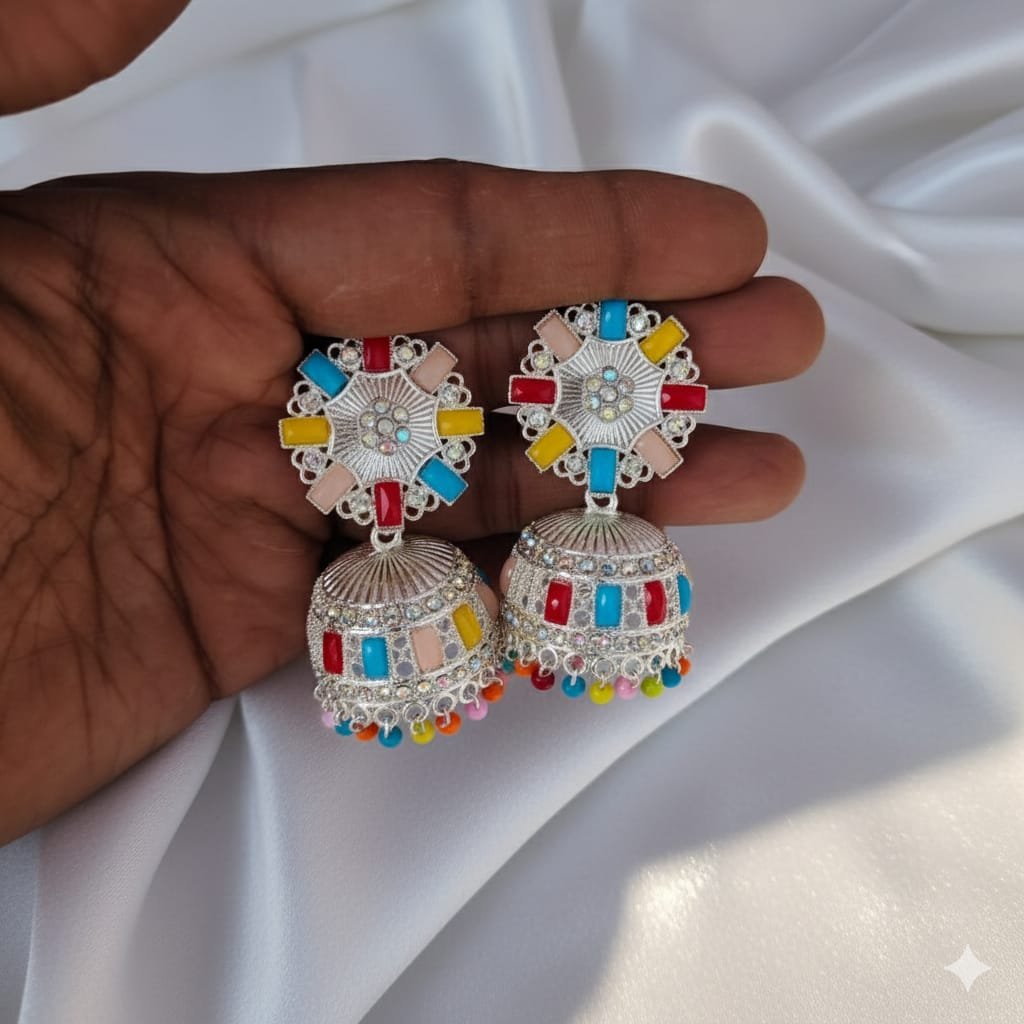 Vibrant Multicolour Stone Silver Jhumka Earrings with Bead Drops