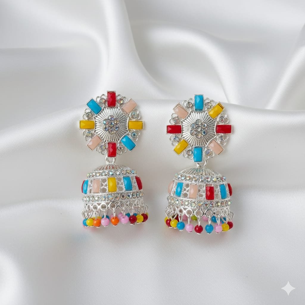 Vibrant Multicolour Stone Silver Jhumka Earrings with Bead Drops